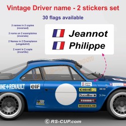 2 white plate stickers with pilot name and co-pilot for ALPINE RENAULT classic letters